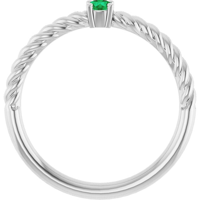 Sterling Silver 3 mm Lab-Grown Emerald Solitaire Rope Ring