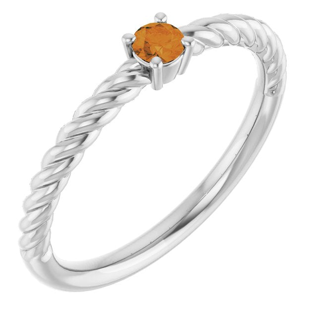 14K White 3 mm Natural Citrine Solitaire Rope Ring