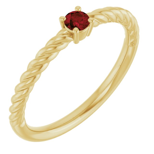 14K Yellow 3 mm Natural Mozambique Garnet Solitaire Rope Ring