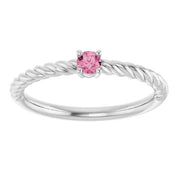 14K White 3 mm Natural Pink Tourmaline Solitaire Rope Ring