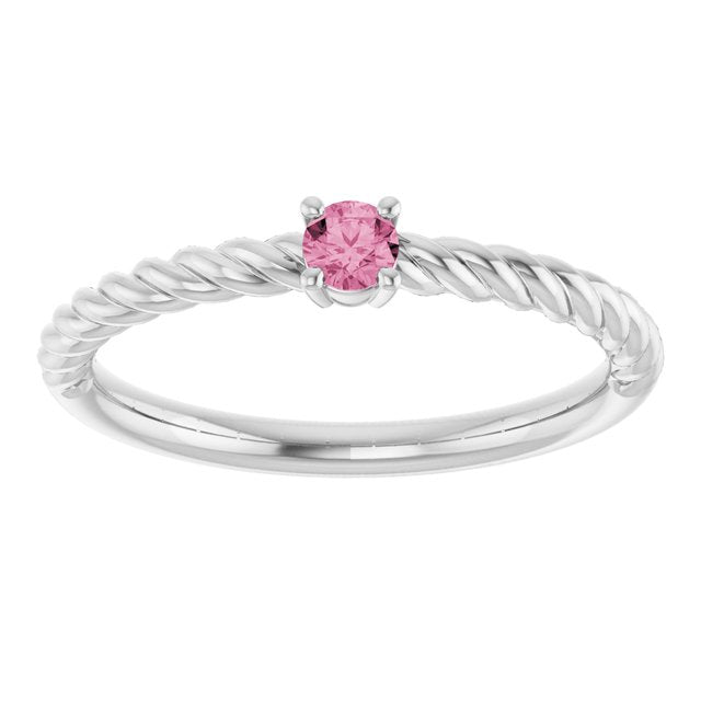 14K White 3 mm Natural Pink Tourmaline Solitaire Rope Ring