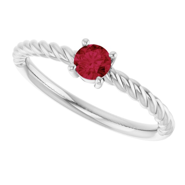 14K White 4 mm Lab-Grown Ruby Solitaire Rope Ring