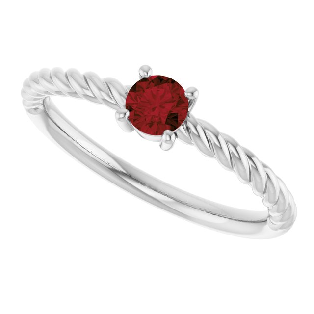 14K White 4 mm Natural Mozambique Garnet Solitaire Rope Ring