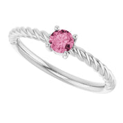 14K White 4 mm Natural Pink Tourmaline Solitaire Rope Ring