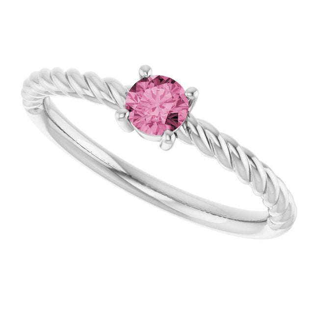 14K White 4 mm Natural Pink Tourmaline Solitaire Rope Ring