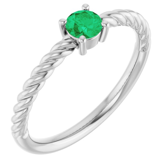 Sterling Silver 4 mm Lab-Grown Emerald Solitaire Rope Ring