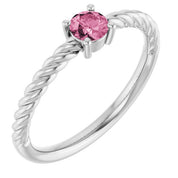 14K White 4 mm Natural Pink Tourmaline Solitaire Rope Ring