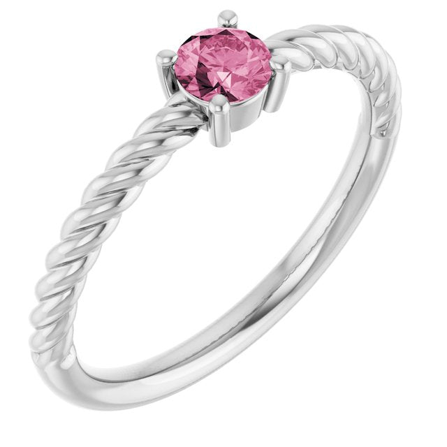 14K White 4 mm Natural Pink Tourmaline Solitaire Rope Ring