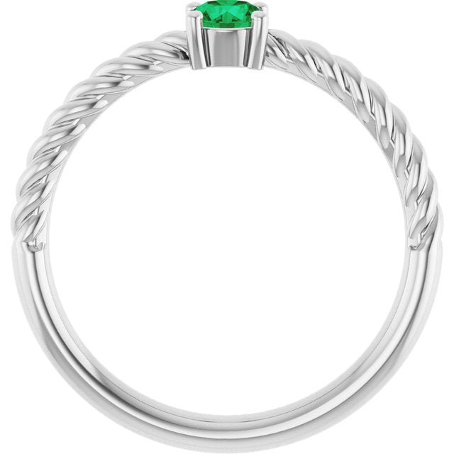 Sterling Silver 4 mm Lab-Grown Emerald Solitaire Rope Ring