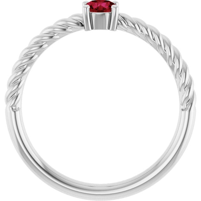 Sterling Silver 4 mm Natural Ruby Solitaire Rope Ring