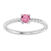 14K White 4 mm Natural Pink Tourmaline Solitaire Rope Ring