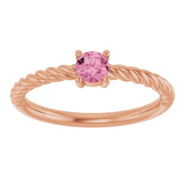 14K Rose 4 mm Natural Pink Tourmaline Solitaire Rope Ring