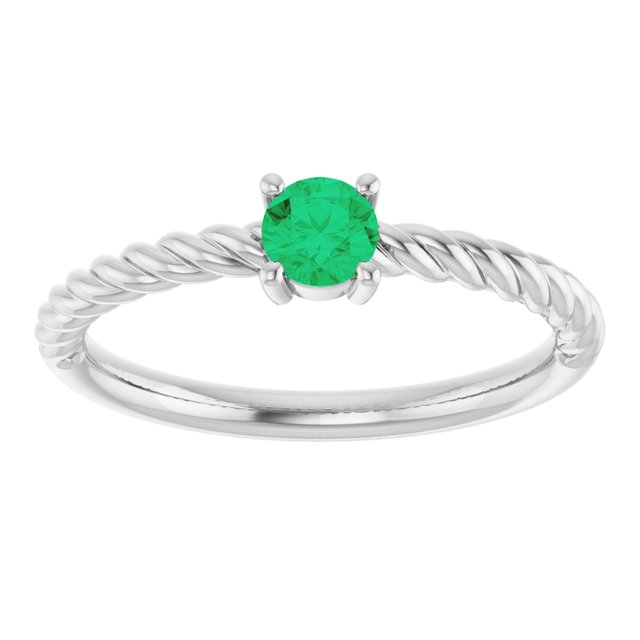 Sterling Silver 4 mm Lab-Grown Emerald Solitaire Rope Ring