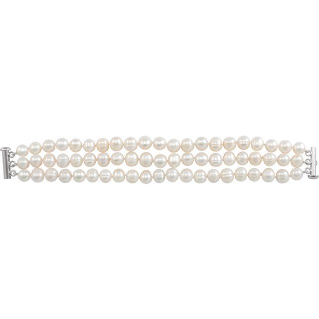 Sterling Silver Cultured White Freshwater Pearl Triple Strand 7 1/4" Bracelet
