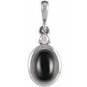14K White 9x7 mm Natural Black Onyx & .03 CT Natural Diamond Cabochon Pendant