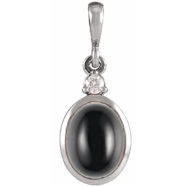 14K White 9x7 mm Natural Black Onyx & .03 CT Natural Diamond Cabochon Pendant