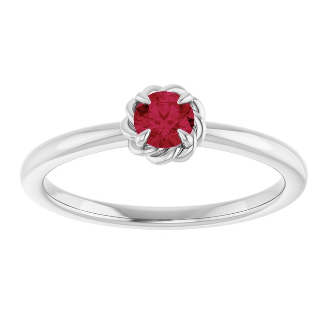 14K White Lab-Grown Ruby Solitaire Rope Ring