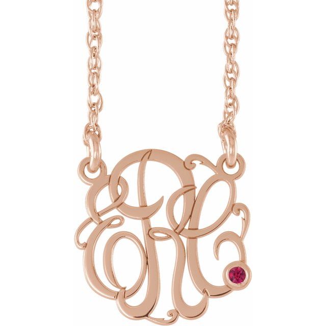 14K Rose Gold-Plated Sterling Silver 15 mm 3-Initial Imitation Ruby Script Monogram Necklace