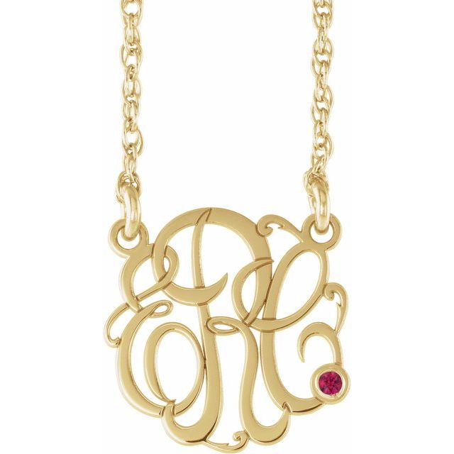 10K Imitation Ruby Script Monogram Necklace with 2 or 3 Initials in Various Sizes