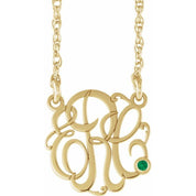 10K Imitation Emerald Script Monogram Necklace with 2 or 3 Initials in Various Sizes