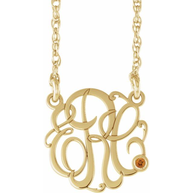 10K Imitation Citrine Script Monogram Necklace with 2 or 3 Initials in Various Sizes