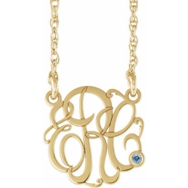 10K Imitation Aquamarine Script Monogram Necklace with 2 or 3 Initials in Various Sizes