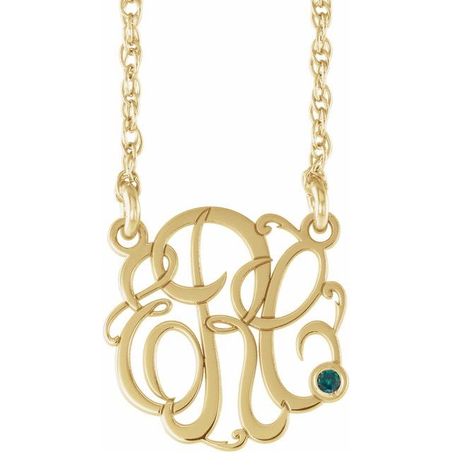 10K Imitation Alexandrite Script Monogram Necklace with 2 or 3 Initials in Various Sizes