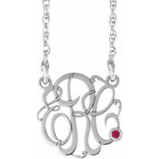 Rhodium-Plated Sterling Silver 15 mm 3-Initial Imitation Ruby Script Monogram Necklace