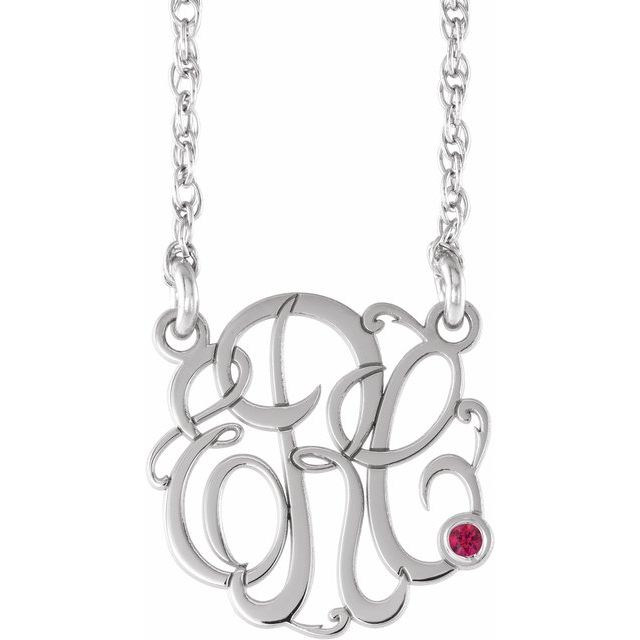Rhodium-Plated Sterling Silver 15 mm 3-Initial Imitation Ruby Script Monogram Necklace
