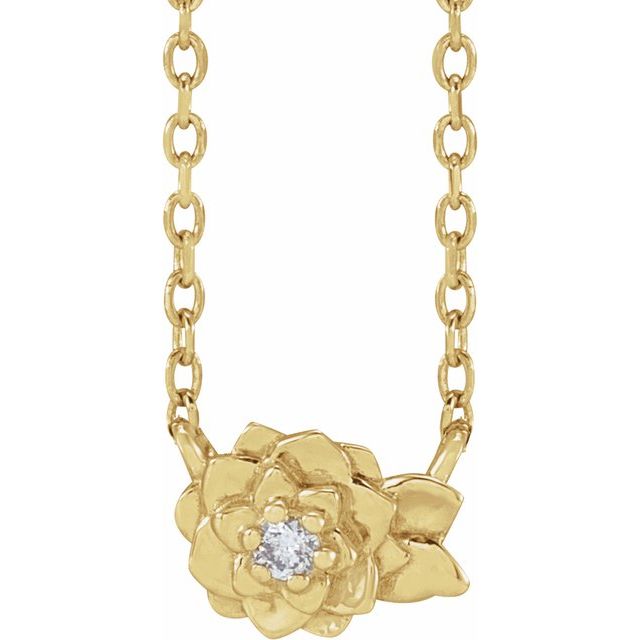 14K .015 CT Natural Diamond Flower Necklace 16-18" Adjustable Chain