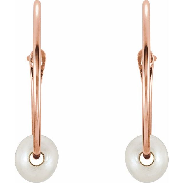 14K Rose Cultured White Freshwater Pearl Youth Huggie Earrings