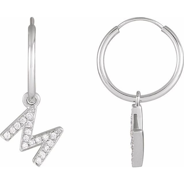 14K White .06 CTW Natural Diamond Single Initial M Hoop Earring