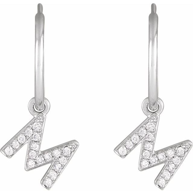 14K White .06 CTW Natural Diamond Single Initial M Hoop Earring