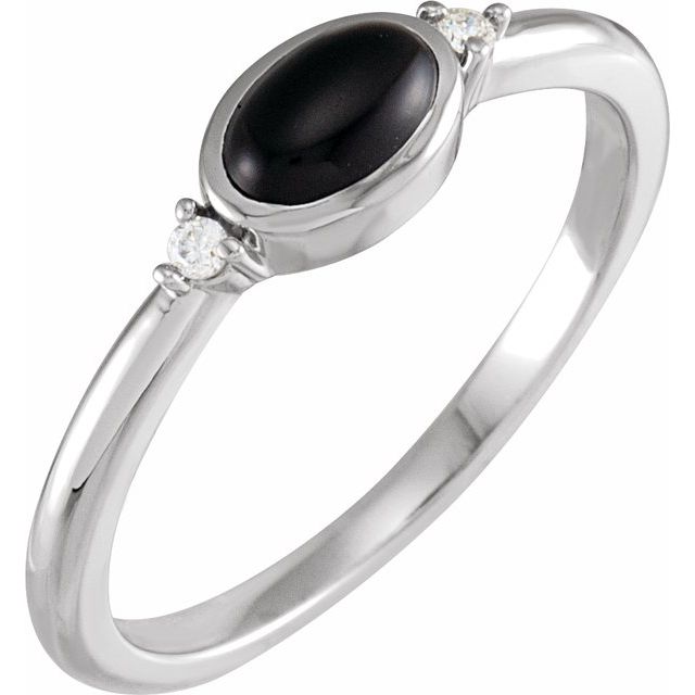 14K White 5x3 mm Round Natural Black Onyx & .03 CTW Natural Diamond Ring