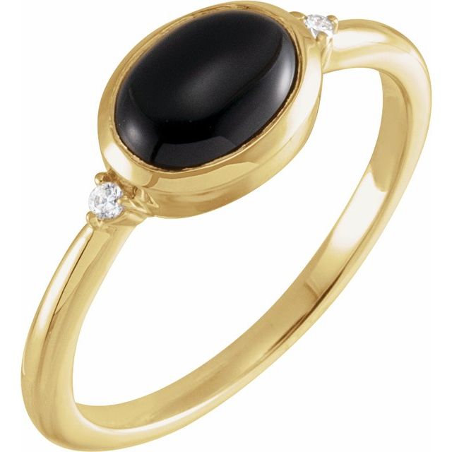 14K Yellow 9x7 mm Round Natural Black Onyx & .03 CTW Natural Diamond Ring
