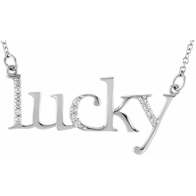 14K White .06 CTW Natural Diamond "Lucky" Phrase 16 1/2" Necklace