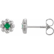 14K White Lab-Grown Emerald Petite Flower Beaded Earrings