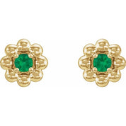 14K Yellow Lab-Grown Emerald Petite Flower Beaded Earrings