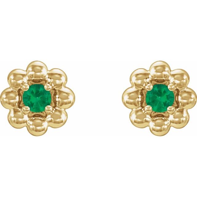 14K Yellow Lab-Grown Emerald Petite Flower Beaded Earrings
