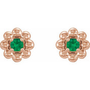 14K Rose Lab-Grown Emerald Petite Flower Beaded Earrings