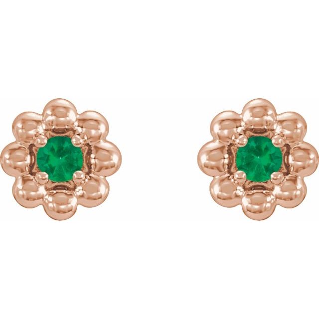 14K Rose Lab-Grown Emerald Petite Flower Beaded Earrings