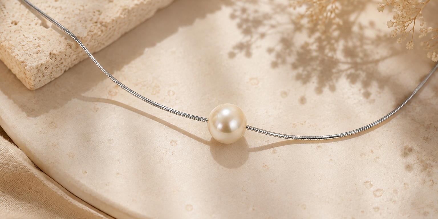 1mm platinum snake chain necklace with an 8mm vintage Japanese pearl, styled on warm natural stone in soft sunlight.
