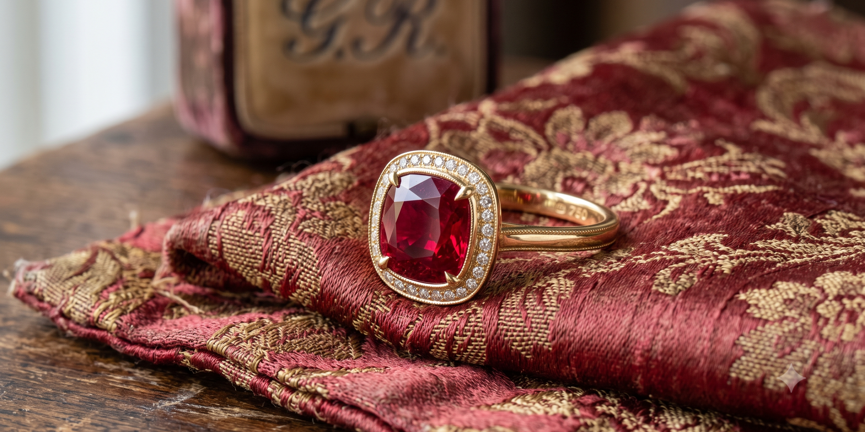 A custom-designed natural red ruby ring with brilliant diamond accents representing global traditions of vitality and protection at Motek Jewelry Design Studio in Airmont, NY.