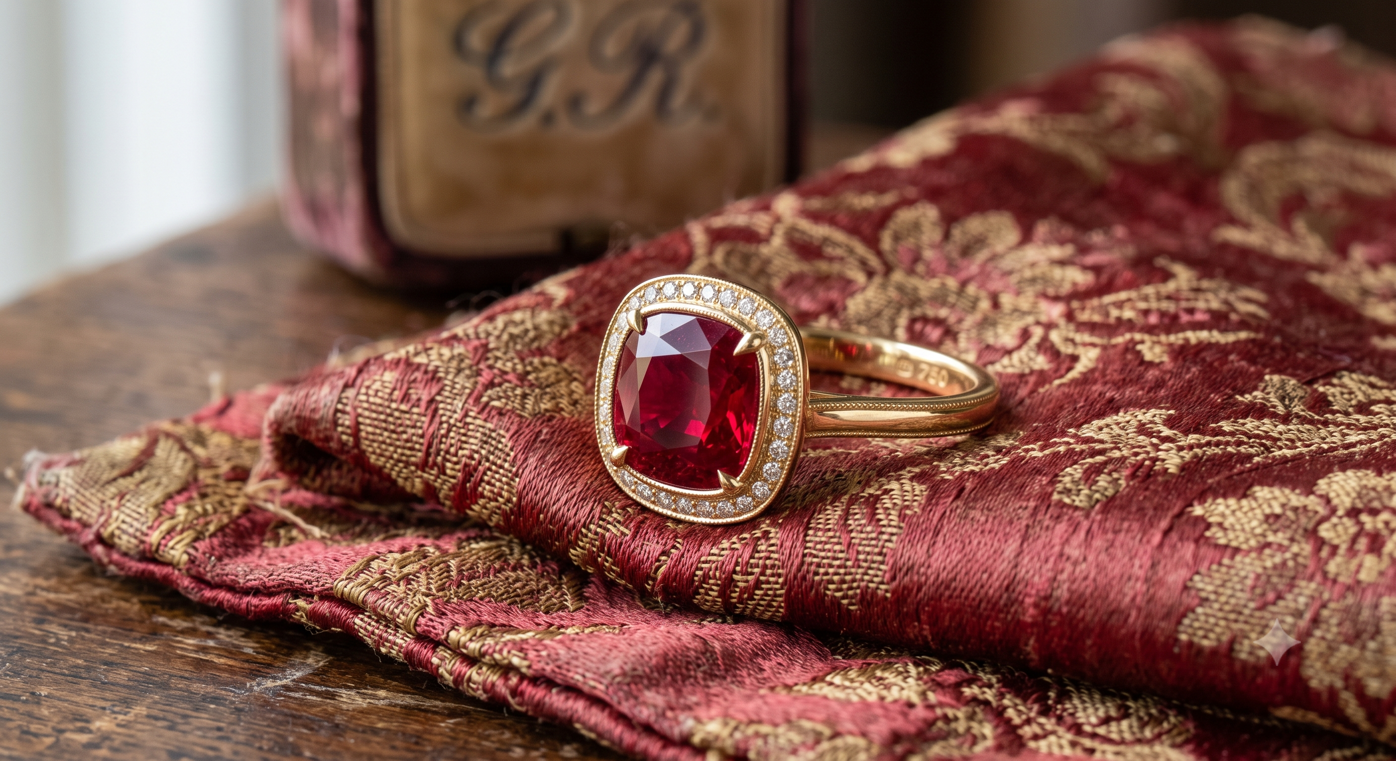 A custom-designed natural red ruby ring with brilliant diamond accents representing global traditions of vitality and protection at Motek Jewelry Design Studio in Airmont, NY.