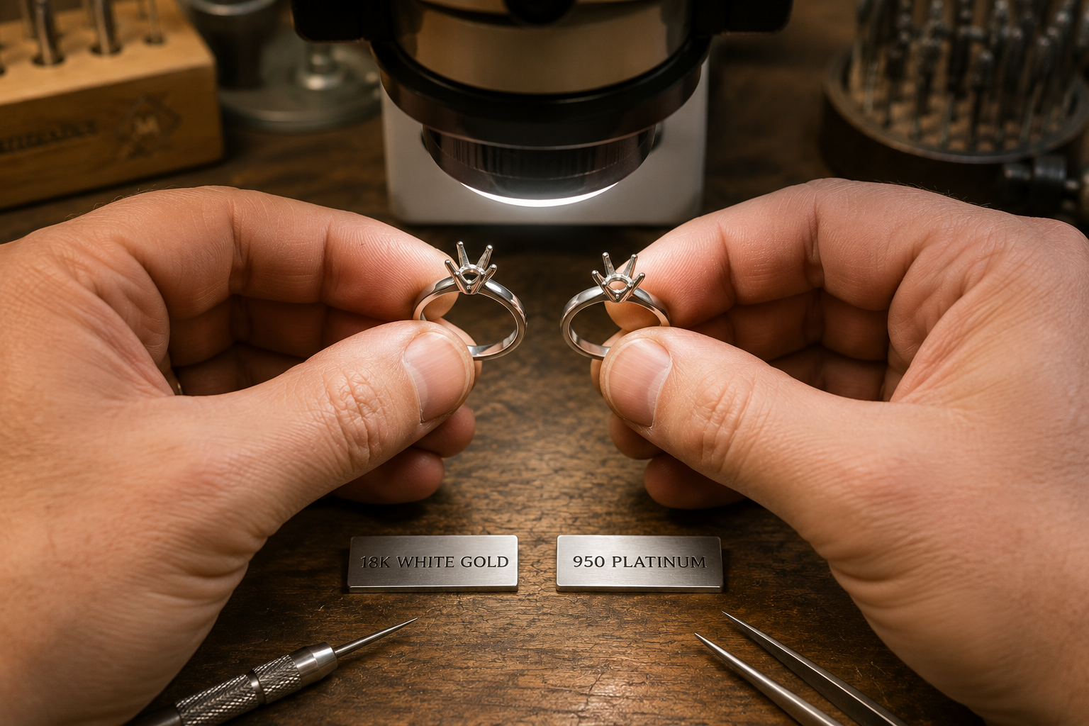 A jeweler holding an 18k white gold solitaire ring mounting and a 950 platinum ring mounting beneath a bench microscope alongside metallic metal tags and precision tools at Motek Jewelry Design Studio in Airmont, NY.