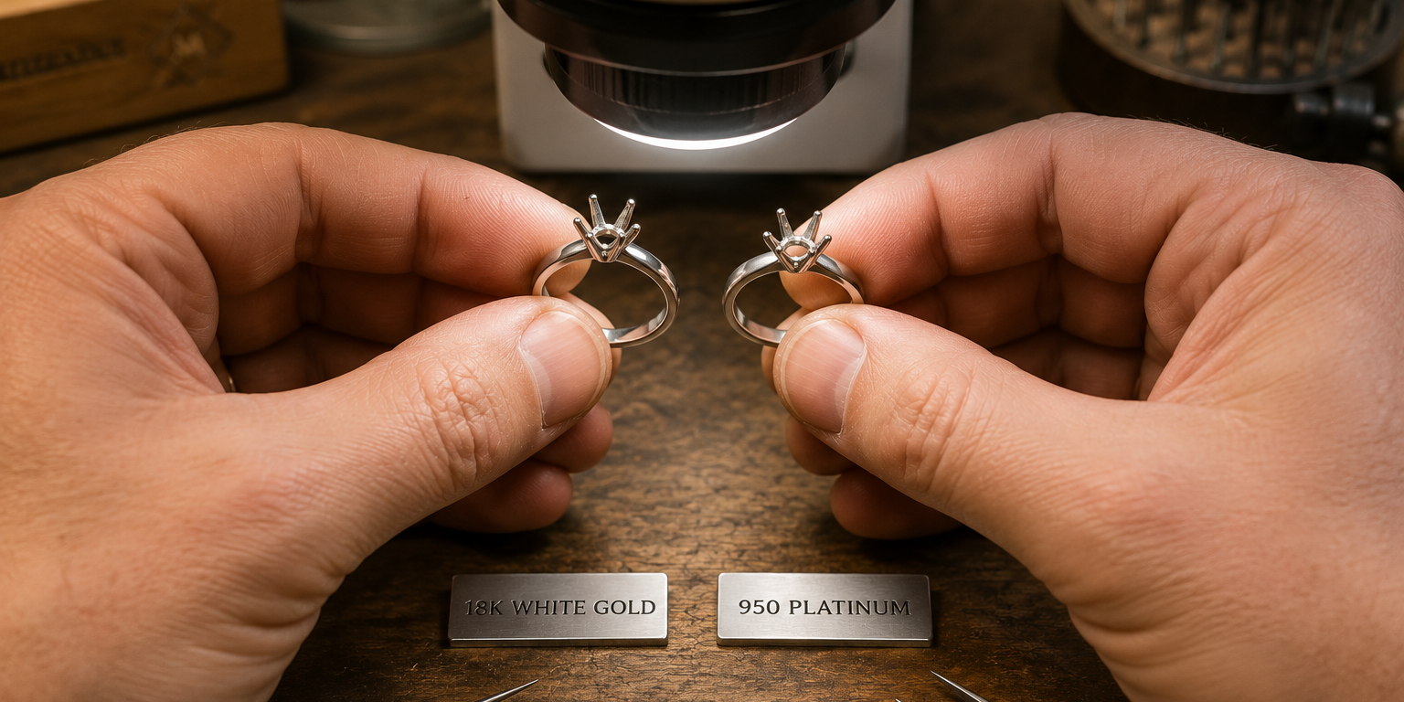 A jeweler holding an 18k white gold solitaire ring mounting and a 950 platinum ring mounting beneath a bench microscope alongside metallic metal tags and precision tools at Motek Jewelry Design Studio in Airmont, NY.