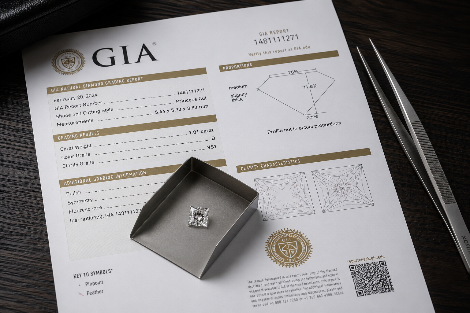 A loose diamond being verified against its grading certificate before custom bench work begins at Motek Jewelry Design Studio in Airmont, NY.