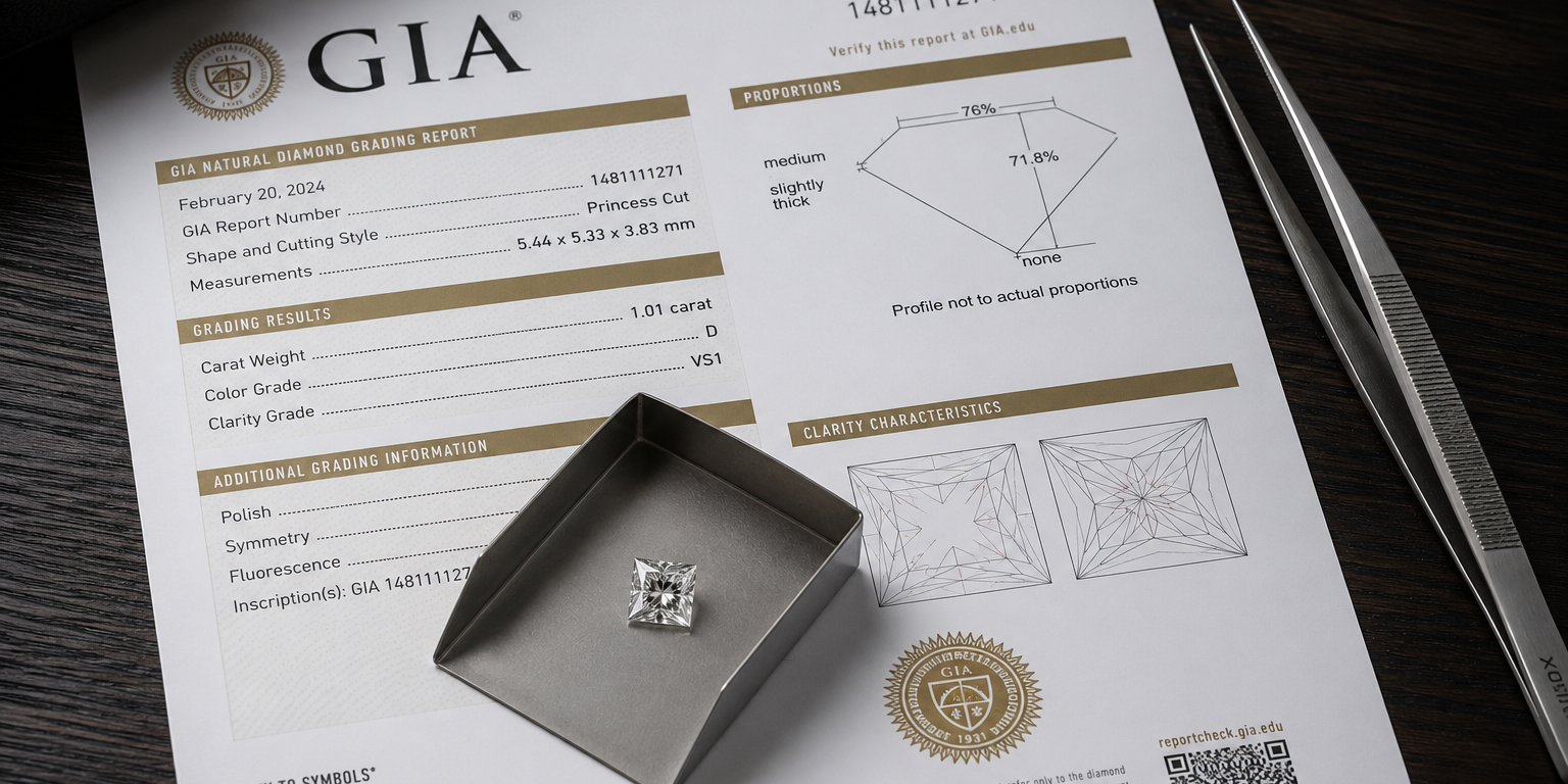 A loose diamond being verified against its grading certificate before custom bench work begins at Motek Jewelry Design Studio in Airmont, NY.