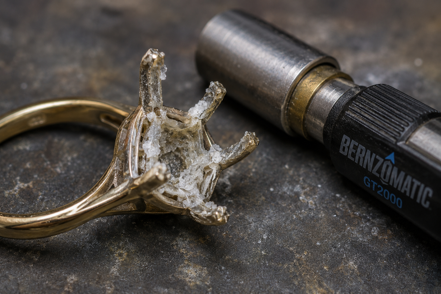 Macro view of a broken gold ring damaged by household superglue residue next to a jewelry repair torch.