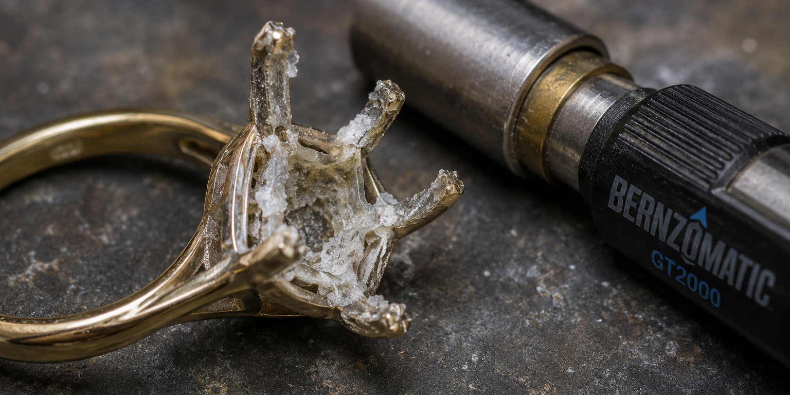 Macro view of a broken gold ring damaged by household superglue residue next to a jewelry repair torch.